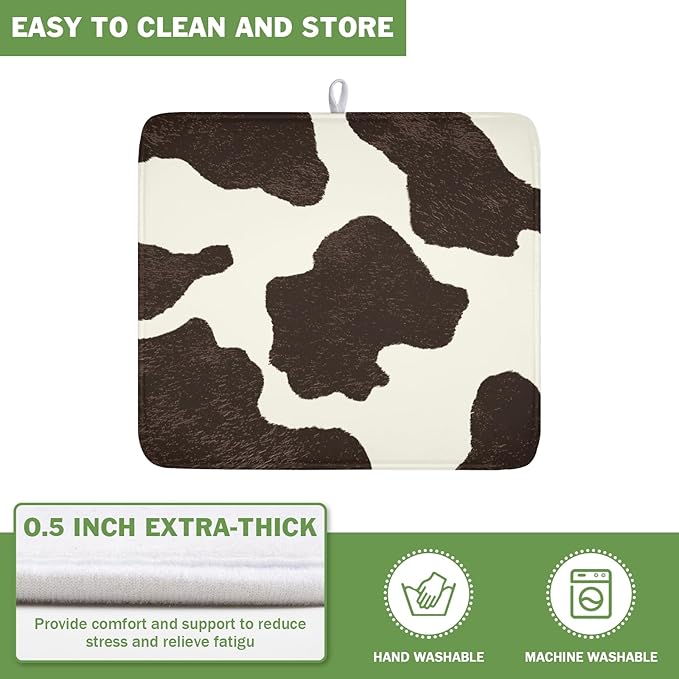 Milk Cow Drying Mat 18x16 Inch, Brown White Cowhide Drying Mat with Absorbent Reversible Microfiber, Cattle Fur Farmhouse Dish Drainer Mats Summer Rack Pad for Coffee Countertop Kitchen Protector