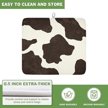 Milk Cow Drying Mat 18x16 Inch, Brown White Cowhide Drying Mat with Absorbent Reversible Microfiber, Cattle Fur Farmhouse Dish Drainer Mats Summer Rack Pad for Coffee Countertop Kitchen Protector