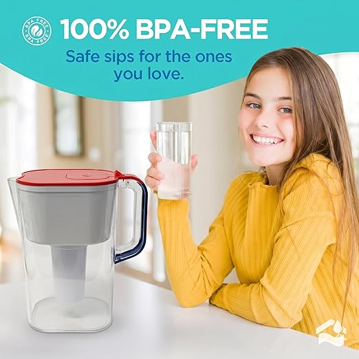 HOMEWATER 10-Cup Pitcher Filter (Red, White and Blue America Pitcher) – BPA-Free, High-Capacity 2.4L Fast-Flow Carbon Filter, Easy Pouring, Removable Filter Replacement, Locking Lid, Dishwasher-Safe
