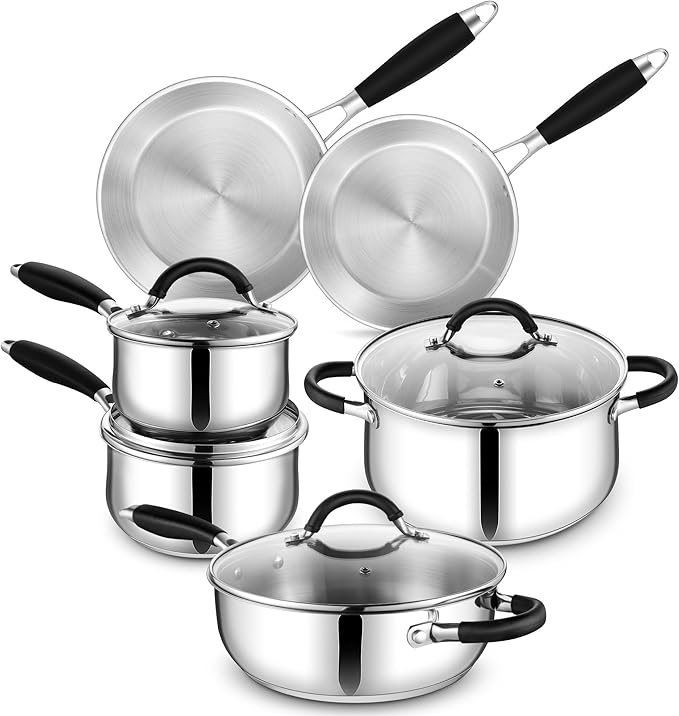 E-far 10-Piece Stainless Steel Cookware Set - Induction Tri-Ply Base Pots and Pans, Non-Toxic Kitchen Cooking Set w/Stay-Cool Handle, Frying Pans, Saucepans, Stockpot with lid, Oven & Dishwasher Safe