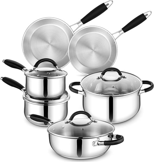 E-far 10-Piece Stainless Steel Cookware Set - Induction Tri-Ply Base Pots and Pans, Non-Toxic Kitchen Cooking Set w/Stay-Cool Handle, Frying Pans, Saucepans, Stockpot with lid, Oven & Dishwasher Safe