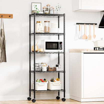 DUMOS 5-Tier Metal Wire Storage Shelves, Adjustable Standing Storage Rack Shelf with Wheels, Heavy Duty Steel Shelving Unit Organizers for Kitchen Bathroom Pantry Garage, 23.2"W×13.4"D×59.1"H, Black