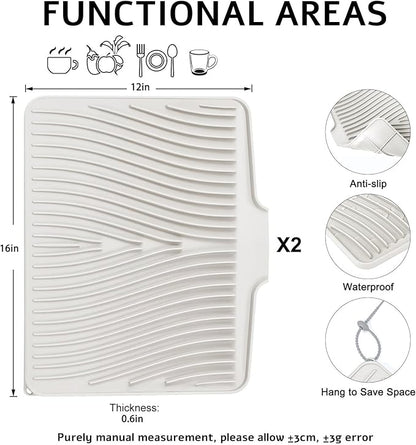 TIKNIK Silicone Dish Drying Mat, Stone Drying Mat for Kitchen Counter with Built-In Drain, Non-Slip Drain Pad with Built-in Drain, Heat Resistant Stone Drying Mat, Hangable, Cream-2pcs, 16" x 12" - Image 2