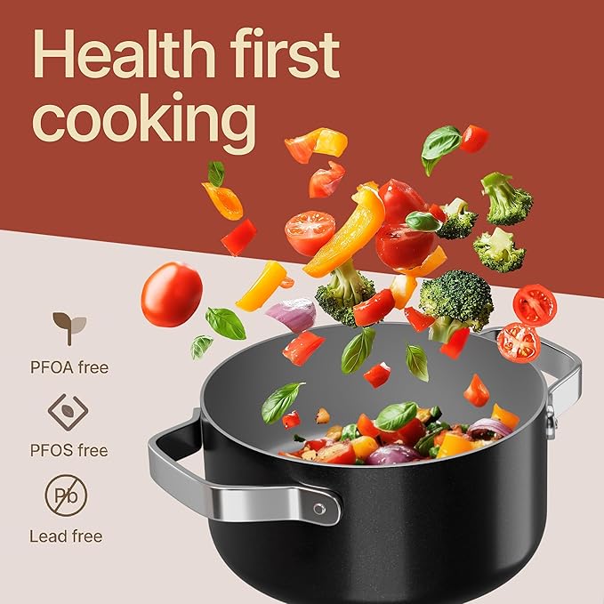 Bakken 3 Quart Ceramic Coated Stock Pot with Lid, Easy to Clean Nonstick Pot, Tempered Glass Lid, Riveted Stainless Steel Handles, Oven Safe Up To 500°F, PTFE & PFAS Free, All Stove Compatible, Black - Image 6