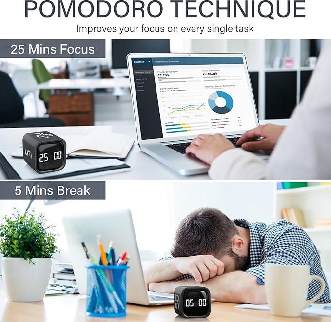 Rotating Pomodoro Timer 5, 25, 10 50 Minutes Preset, Desk Productivity Flip Timer, ADHD Tool Cube Countdown Stopwatch, Vibration/High/Low Volume/Custom Modes, for Work, Study, Back to School, Kitchen - Image 3