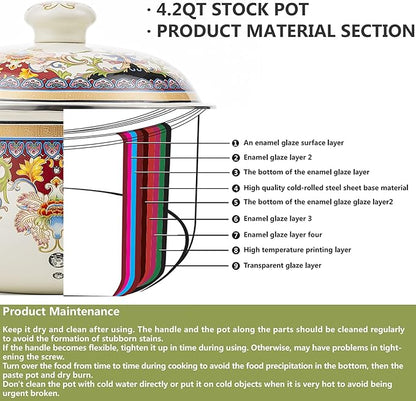 Retro Flower Enamel Stockpot with Lid,Stockpots for Cooking (5L-Mysterious Flower)