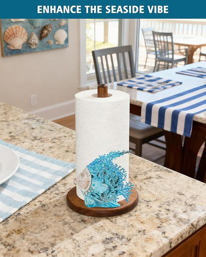 Sea Fish Paper Towel Holder, Coastal Beach Ocean Nautical Decor for Kitchen Bathroom Countertop, Freestanding Wooden Stand, Standard & Jumbo Rolls, Gift for Women