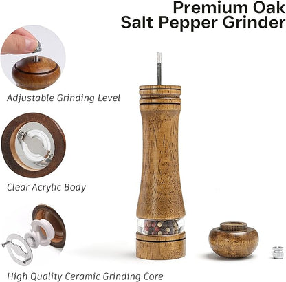 Wood Salt and Pepper Grinder, Salt Grinder and Pepper Mill, Oak Wood Shakers with Adjustable Ceramic Grinders (8″ - 1 Pack with Tray)