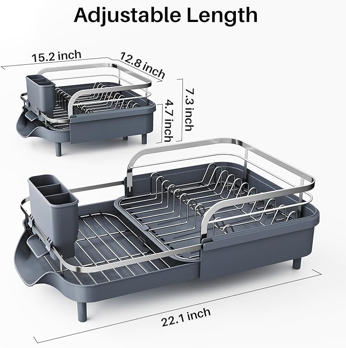 SNTD Dish Drying Rack, Expandable Dish Rack for Kitchen Counter, Stainless Steel Dish Drainer with Drainboard Set and Utensil Holder (Gray) - Image 5