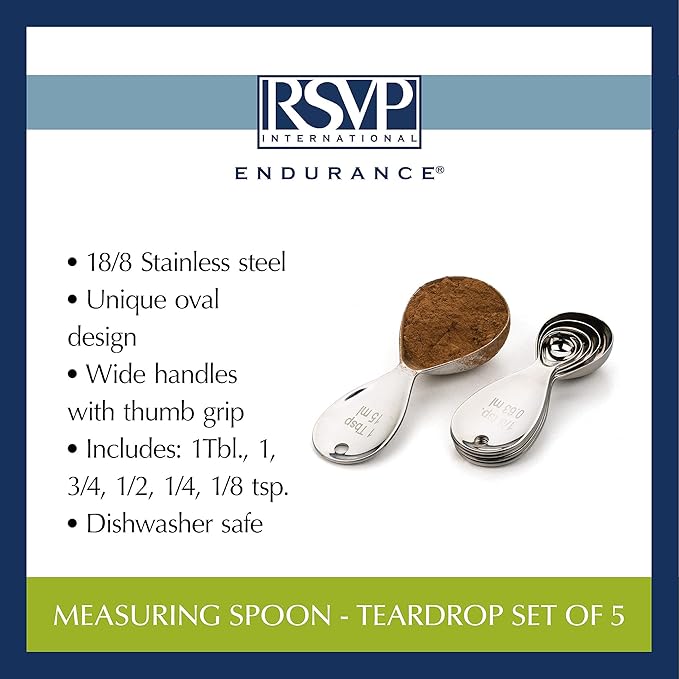 RSVP International Endurance Kitchen Collection Measuring Tools, Dishwasher Safe, Teardrop, 5 Piece, Stainless Steel