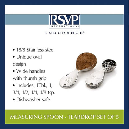 RSVP International Endurance Kitchen Collection Measuring Tools, Dishwasher Safe, Teardrop, 5 Piece, Stainless Steel