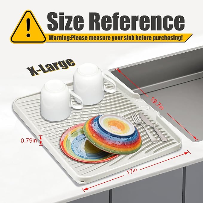 TIKNIK Silicone Dish Drying Mat, Stone Drying Mat for Kitchen Counter with Built-In Drain, Non-Slip Drain Pad with Built-in Drain, Heat Resistant Stone Drying Mat, Hangable, Cream-1pcs, 20" x 15" - Image 2