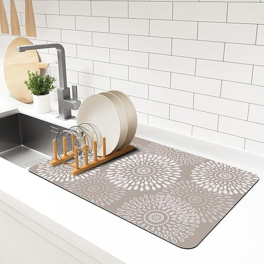 LuxStep Dish Drying Mat Super Absorbent Kitchen Counter Mat Rubber Backing Draining Mat Easy to Clean Kitchen Accessories Dish Rack Pad for Dishes, Utensils, Countertops, Sinks 16" x 24" Khaki by LuxStep