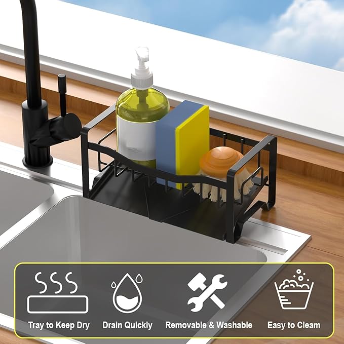 Maifan Stainless Steel Kitchen Sink Caddy Organizer with Auto Drain Tray, Sponge Holder for Countertop Storage - Image 3