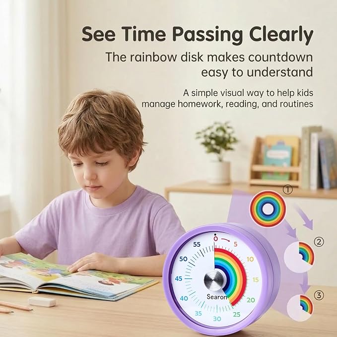 Searon Visual Timer for Kids with Magnet, Quiet 60 Minute Countdown Timer with Rainbow Disk, Sound or Silent LED Alert, for Homework, Reading, Study Time, Kitchen & Small Spaces (Purple)