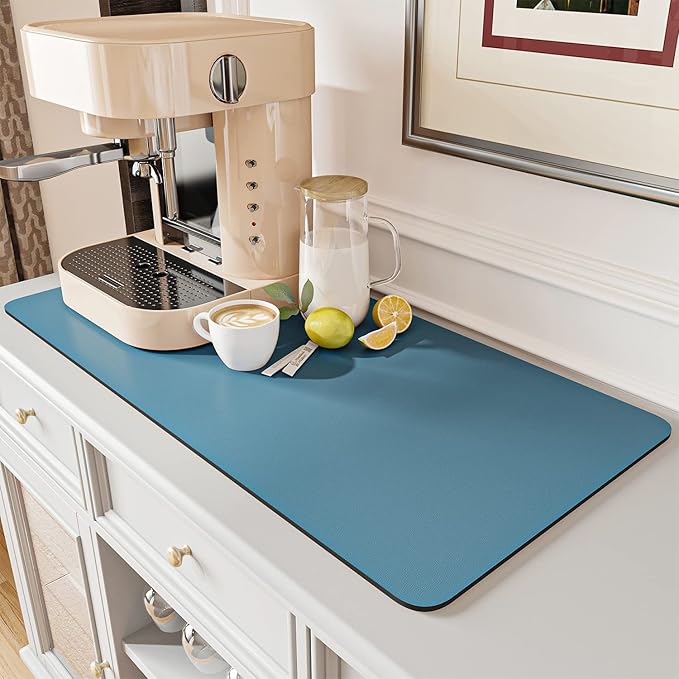 AMOAMI-Coffee Mat Hide Stain Rubber Backed Absorbent Dish Drying Mat for Kitchen Counter-Coffee Bar Accessories Fit Under Maker Machine Pot Espresso Machine Dish Rack Blue by AMOAMI