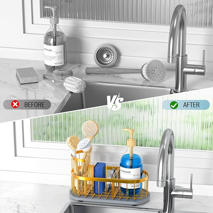 Sponge Holder for Kitchen Sink with High Brush Holder, [Stay-Dry Anywhere & No Drainage Needed] Rustproof Stainless Steel Kitchen Sink Caddy Organizer with Water Absorbing Stone Tray, Gold - Image 6