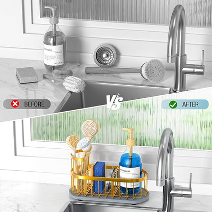Sponge Holder for Kitchen Sink with High Brush Holder, [Stay-Dry Anywhere & No Drainage Needed] Rustproof Stainless Steel Kitchen Sink Caddy Organizer with Water Absorbing Stone Tray, Gold - Image 6