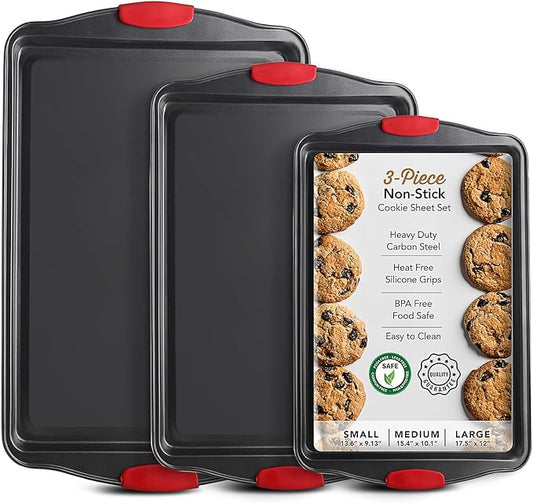 Baking Sheet Set, 3-Piece Cookie Sheet Set with Silicone Handles, Steel Baking Pans Set, Durable Baking Sheets for Oven, BPA Free Cookie Sheets for Baking Nonstick Set, Sheet Pan - Black Baking Pan by Eatex
