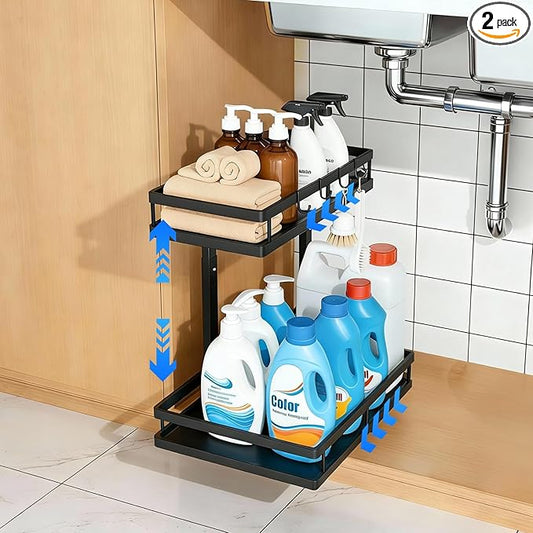 Under Sink Organizer, Dual-Rail Ball-Bearing, Under Kitchen Sink Organizer, 6-Level Adjustable, Under Cabinet Organizer, No-Drill Adhesive/Suction, Under Sink Storage (Black, Double Layer - 1 Pack)