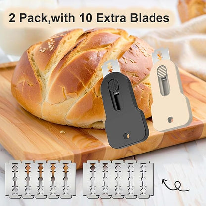 Set of 2 Pcs Retractable Bread Lame with Magnet, Stainless Steel Blades Scoring Tool for Sourdough, Includes 10 Extra Razor Blades, Black & Beige ABS Handle Scorer