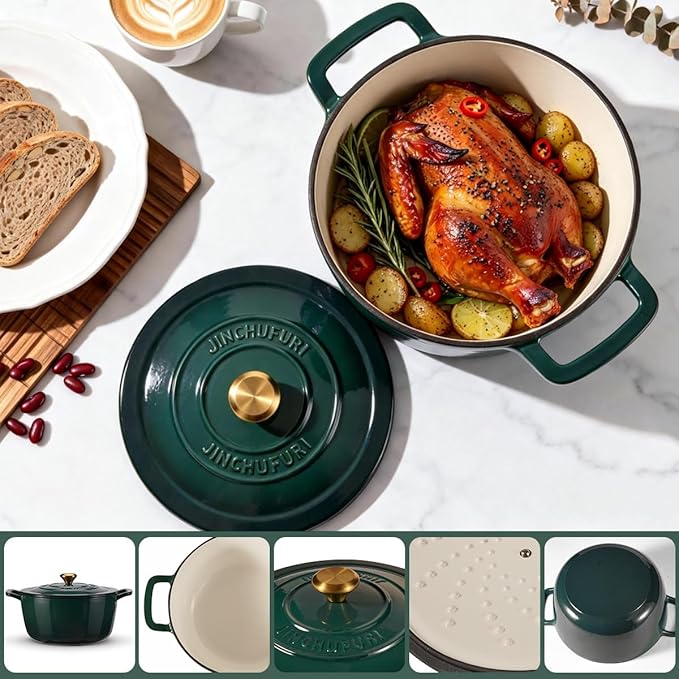 Enameled Cast Iron Dutch Oven - JINCHUFURI 5 Quart Cast Iron Dutch Oven Enameled Oven with Lid for Sourdough Bread Baking, Pre-Seasoned Pot Oven Safe - Image 2