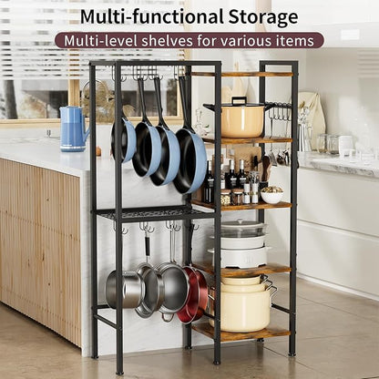 5-Tier Pot and Pan Organizer Rack with Hooks, Heavy-Duty Kitchen Storage Shelf for Cookware, Dishes, and Utensils, Freestanding Metal Pot Rack Organizer for Kitchen, Pantry, or Dining Room - Image 3