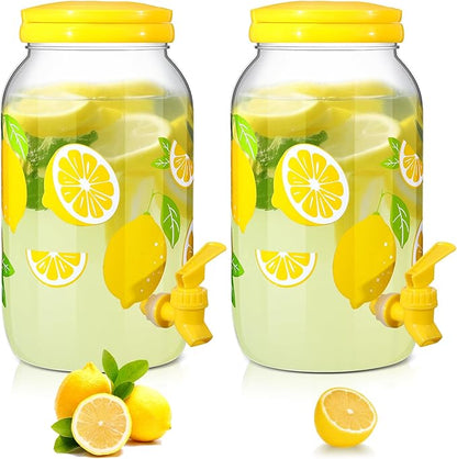 Havawish 2 Pcs 1 Gallon Plastic Beverage Dispenser with Spigot Clear Summer Kitchen Fridge Drink Dispenser for Parties Lemonade Juice Tea Beer Cold Water(Yellow,Circular Column)