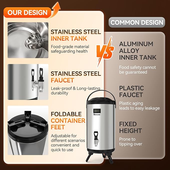 Commercial Insulated Beverage Dispenser with Stand, 2 Gallon Hot Water Dispenser, Hot & Cold Drink Dispenser Temperature Display, for Tea,Coffee(Silver) - Image 6