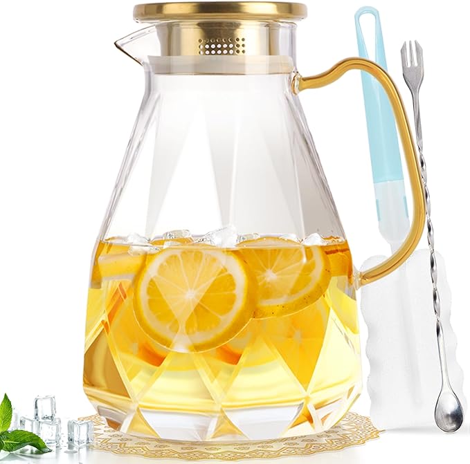 Yirilan 2.8 Liter Glass Pitcher with Lid, Transparent, Thermal Shock Resistant, Microwave Safe, Natural, 2.8L, Round, 6x12 Inches by Yirilan