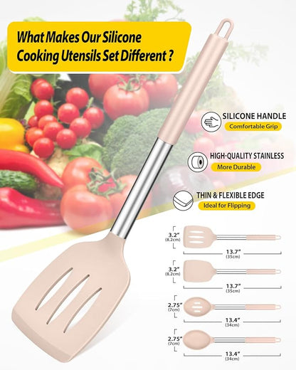Pack of 4 Silicone Cooking Utensils Set, Non Stick Large Solid Spatulas, Heat Resistant Stainless Steel Khaki Slotted Spoons, Ideal BPA Free Kitchen Turners for Frying, Mixing,Serving,Draining,Turning - Image 2