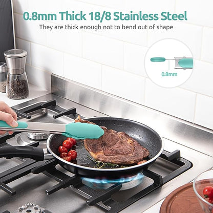 600ºF Heat Resistant Kitchen Tongs: U-Taste 9+12 inch Silicone Cooking Tong Set with Firm Sealed Non Stick Rubber Tips and Silicon Coated 18/8 Stainless Steel Handle for Serving Grilling (Aqua Sky) - Image 5