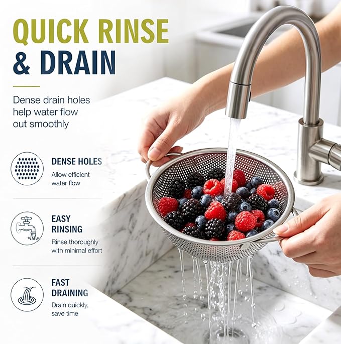 Palksky Small Colander Set of 2, 800 mL / 0.85 Qt Stainless Steel Mini Colanders with Riveted Handles, Footed Base & Micro-Perforations, Metal Kitchen Strainers for Berries, Fruits, Vegetables & Pasta