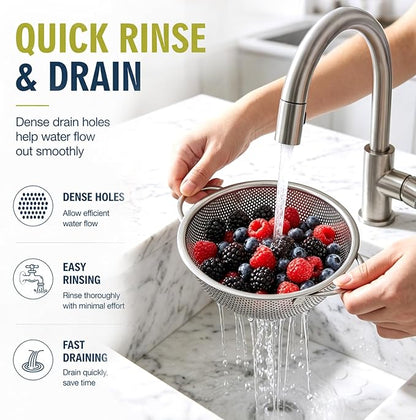 Palksky Small Colander Set of 2, 800 mL / 0.85 Qt Stainless Steel Mini Colanders with Riveted Handles, Footed Base & Micro-Perforations, Metal Kitchen Strainers for Berries, Fruits, Vegetables & Pasta