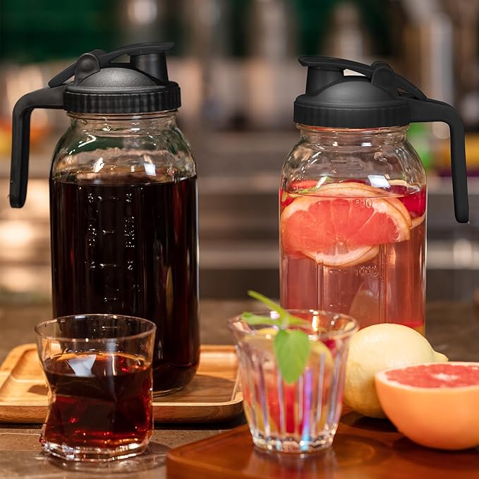 Glass Mason Jars Pitcher 64 Oz Pour Spout Lids & Handle (2 Pack) Wide Mouth Airtight Leak Proof Fridge Breast Milk Pitcher With Top Flip Cap 2 Quart Water Jug For Cold Brew Coffee, Iced Tea, - Image 6