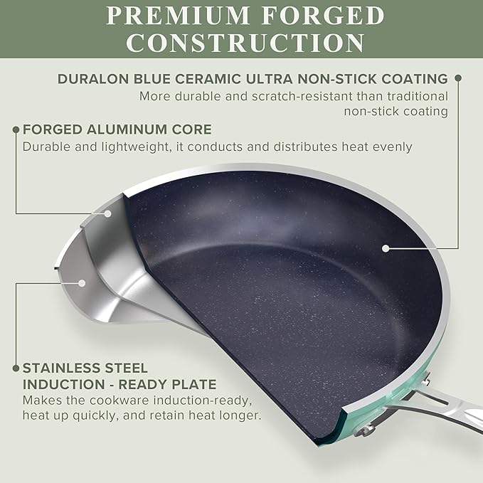 Nuwave Healthy Duralon Blue Ceramic Nonstick Cookware Set, Diamond Infused Scratch-Resistant, PFAS Free, Dishwasher & Oven Safe, Induction Ready & Evenly Heats, Tempered Glass Lids & Stay-Cool Handles - Image 2