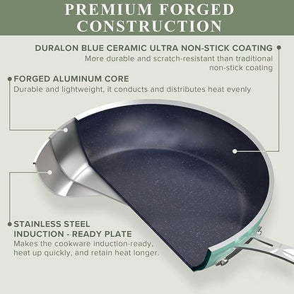 Nuwave Healthy Duralon Blue Ceramic Nonstick Cookware Set, Diamond Infused Scratch-Resistant, PFAS Free, Dishwasher & Oven Safe, Induction Ready & Evenly Heats, Tempered Glass Lids & Stay-Cool Handles - Image 2