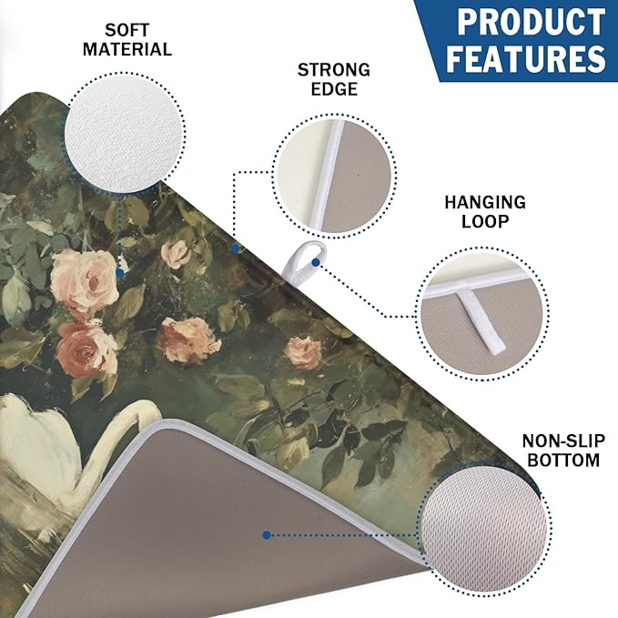 Swans Dish Drying Mat 24x18 Inch, White Swan Drying Mat with Absorbent Reversible Microfiber, Wildlife Aesthetic Dish Drainer Mats Summer Rack Pad for Coffee Countertop Kitchen Protector