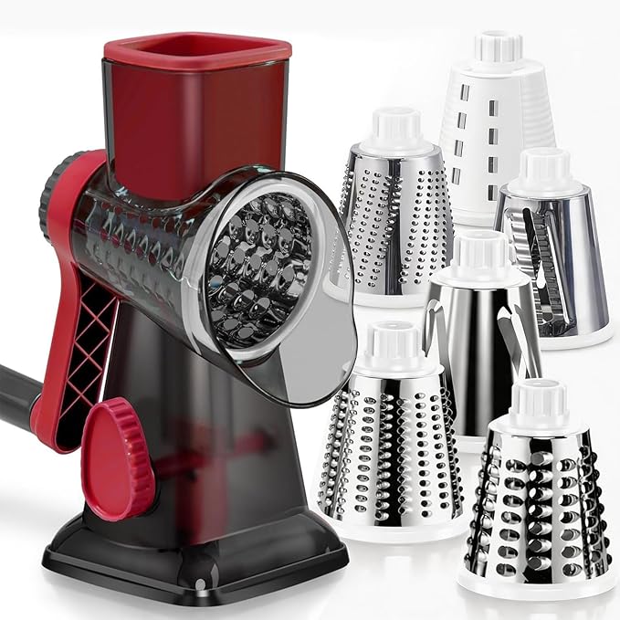 KEOUKE Rotary Cheese Grater Pro 6 in 1 - Shredder Crinkle Slicer Grinder Ice Shaver, Stable Suction, Time-saving Easy Use & Clean, Safe Morden Kitchen Tool for Cheese, Vegetable, Nuts, Chocolate by KEOUKE