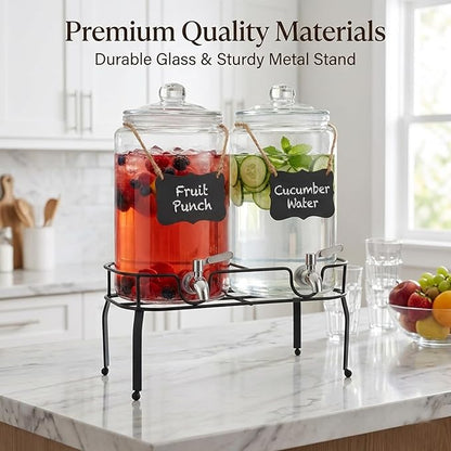 1 Gallon Glass Drink Dispenser Set of 2, Drink Dispensers for Parties, Beverage Dispenser with Stand, Glass Lid, 100% Leakproof Spigot, Ideal for Lemonade, Juice, Iced Tea, Laundry Detergent Dispenser