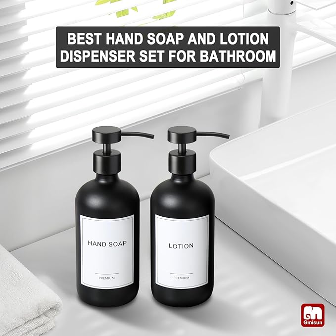 GMISUN Black Soap Dispenser, 2 Pack Matte Black Hand Soap Dispensers for Bathroom, 17 Fl Oz Glass Dish Soap Dispenser for Kitchen with Stainless Steel Pump, Modern Liquid Soap Bottle Set - Image 5