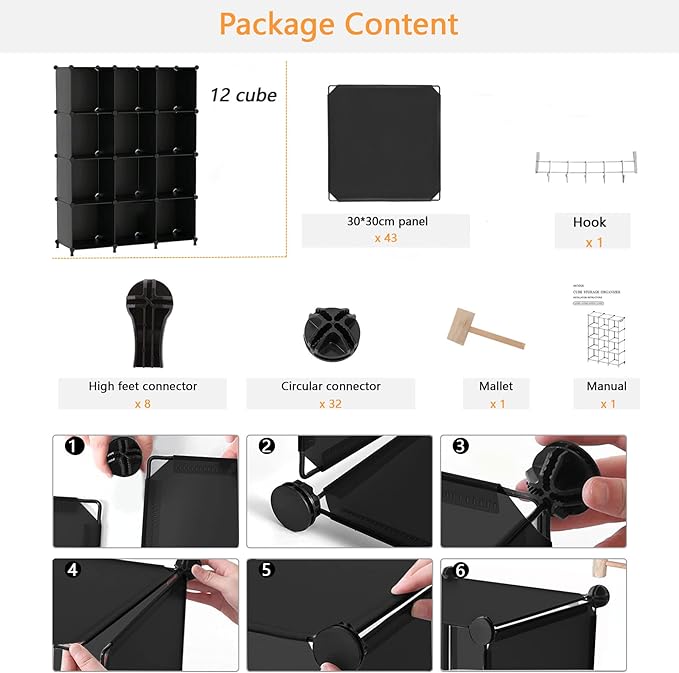 AWTATOS Cube Storage Organizer Closet Storage Shelves DIY Stackable Plastic Storage 12 Cube Bookshelf, Ideal Storage Organizer for Closet, Home, Bedroom, Black - Image 9