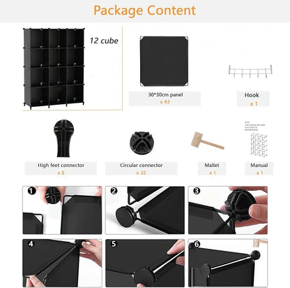AWTATOS Cube Storage Organizer Closet Storage Shelves DIY Stackable Plastic Storage 12 Cube Bookshelf, Ideal Storage Organizer for Closet, Home, Bedroom, Black - Image 9