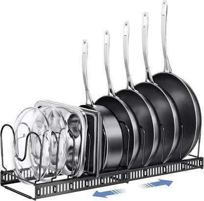ORDORA Pots and Pans Organizer under Cabinet with Pot Lid Organizer, Expandable Rack for Pan and Pot Organizers Inside Cabinet, 12"-23" Adjustable with 10 Dividers for Kitchen Organization, Black by ORDORA