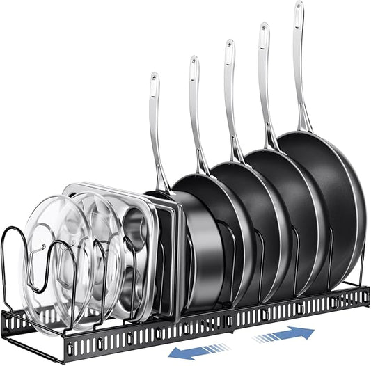 ORDORA Pots and Pans Organizer under Cabinet with Pot Lid Organizer, Expandable Rack for Pan and Pot Organizers Inside Cabinet, 12"-23" Adjustable with 10 Dividers for Kitchen Organization, Black by ORDORA