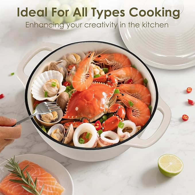 Enameled Cast Iron Dutch Oven Pot With Lid - AIVIKI 5QT Dutch Oven for Bread Baking With Cotton Potholders - Heavy-Duty Cookware for Braising, Stew, Roasting, Oven Safe up to 500°F, Cream White - Image 7