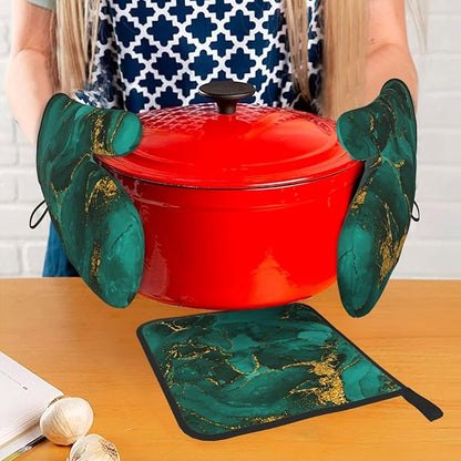 Turquoise Marble Oven Mitts and Pot Holders Sets of 3 Emerald Dark Green Hot Pads Heat Resistant Non Slip Washable for Cooking Grilling Baking BBQ Kitchen Decor - Image 7