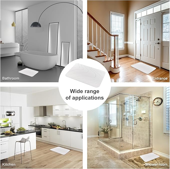 JUERLEN 2 Pack Diatomaceous Earth Shower Mat, Stone Bath Mat, Nonslip Super Absorbent Fast-Drying Hard Bath Mat for Bathroom Shower Floor, 24 x 16 inch, White Wave Design