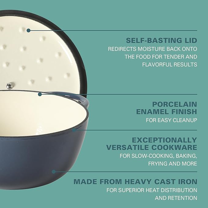 Gibson Home Addlestone 2.65 Qt Enameled Cast Iron Dutch Oven Pot with Lid – Round, Oven Safe to 500°F, Ideal for Bread Baking & Stews - Gradient Navy Blue - Image 3