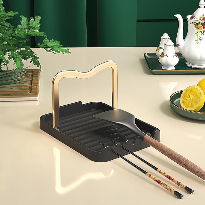 Stainless Steel Pot Lid Holder-Kitchen Organizer & Utensil Storage Rack with Detachable Drain Tray, Non-Slip Anti-Rust Countertop Space Saver for Spoons, Spatulas,Ladles,Tongs (Black Gold) - Image 3